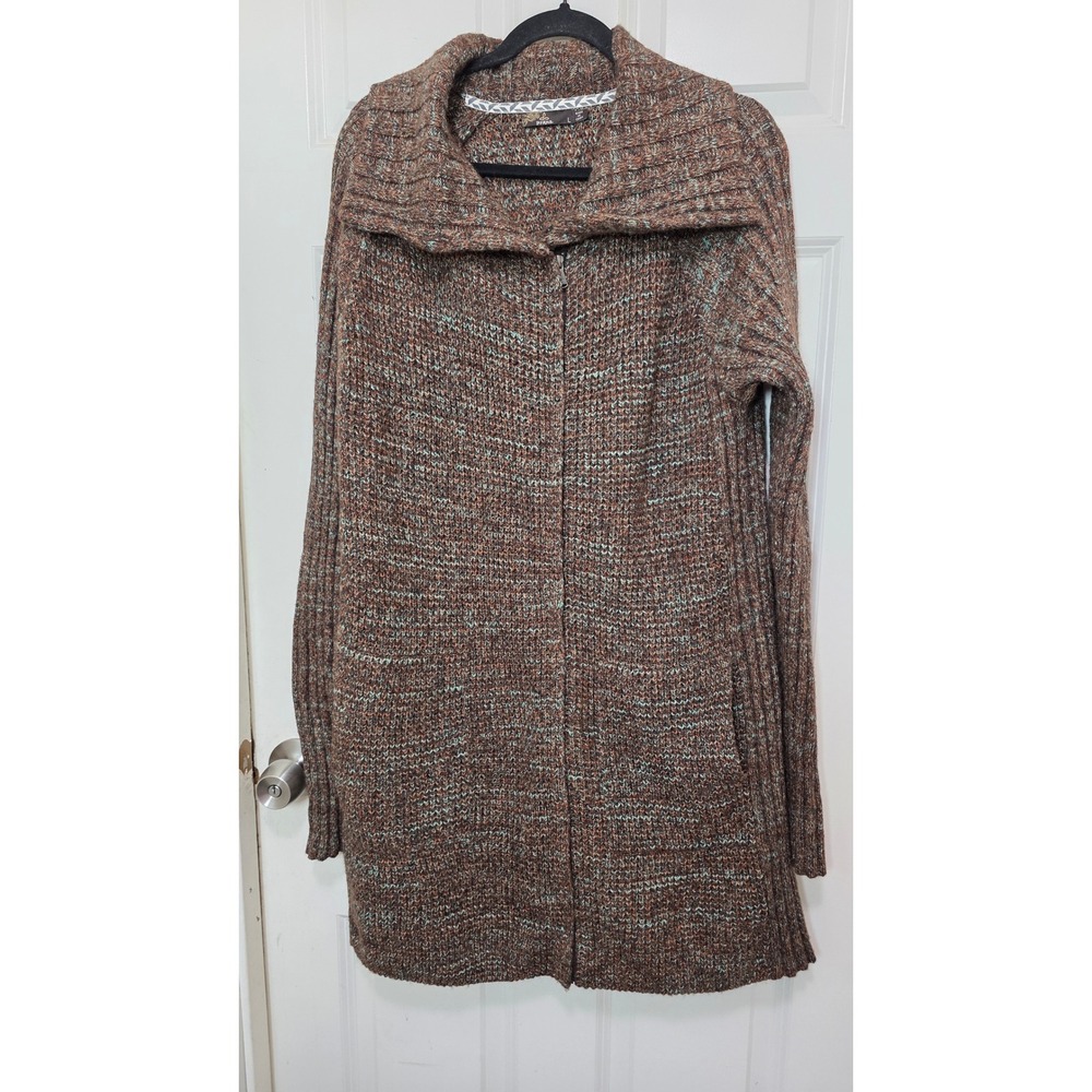 Prana Longโ Cardigan Sweater Womens L Brown Teal Marled Knit Longline Pocket